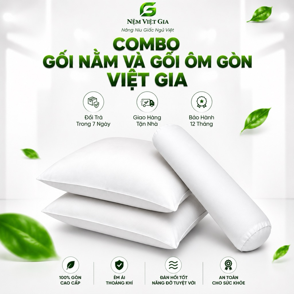 [ COMBO ] GỐI NẰM VÀ GỐI ÔM GÒN ÉP HƠI VIỆT GIA ( 2 gối nằm và 1 gối ôm ) Nâng đỡ vừa phải khóa kéo 