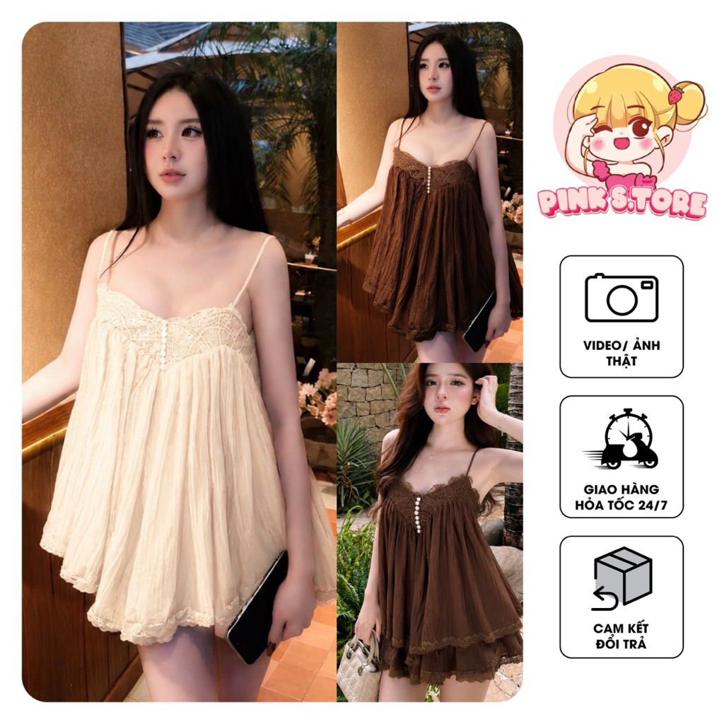 [Hàng Chuẩn REN XỊN] SET VÁY TƠ ĐŨI 2 DÂY REN ĐÍNH NÚT NGỌC PHỐI CHÂN VÁY XOÈ TIỂU THƯ by PINKS.tore