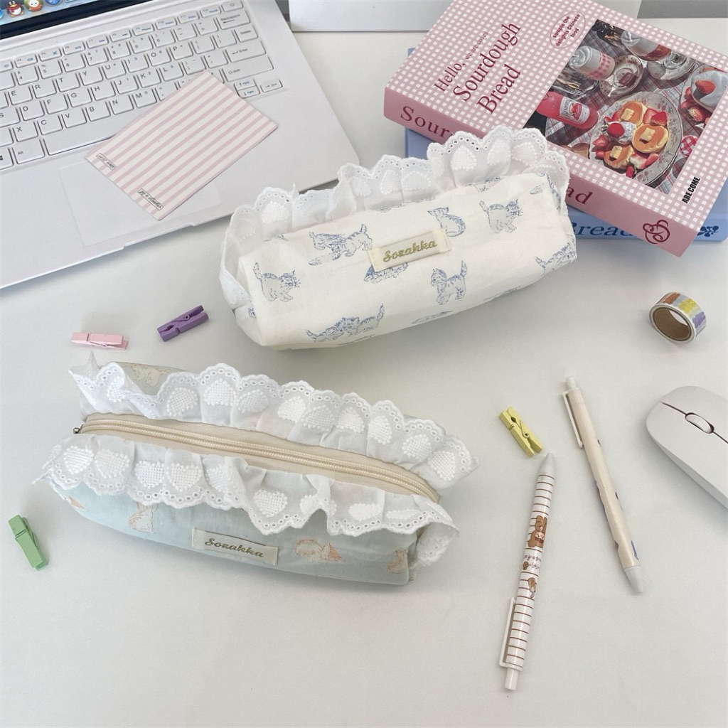 [Hàng Mới tặng kèm móc khoá thú] Makeup Pounch - Túi đựng đồ trang điểm dạng dài bèo ren phong cách 