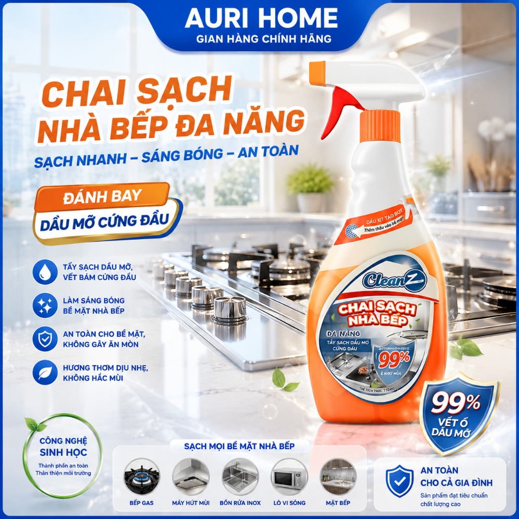 Chai Sạch Đa Năng CleanZ  Nhà Bếp Làm Sạch Dầu Mỡ, Vết Ố Vàng Thơm Mùi Chanh Dịu Nhẹ Dung Tích 450ml