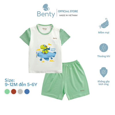 Bộ cộc cài vai phối tay in hình BT131 phi công khủng long Benty chất vải mặc mát cho bé trai bé gái