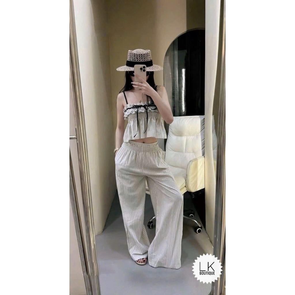 Set bộ crt 2s kẻ mix nơ giá ngắn kèm quần ống rộng kẻ hàng mới nhất 2026 chuẩn loại một ảnh thật chạ