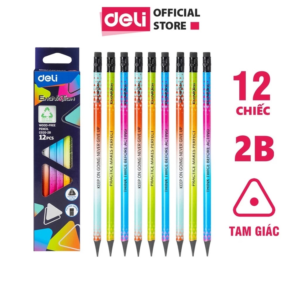 Hộp 12 Bút Chì Deli 2B Thân Đa Sắc Màu EC020-2B Có Đầu Tẩy - Bút Chì 2B Cao Cấp Cho Bé Luyện Chữ Dễ 