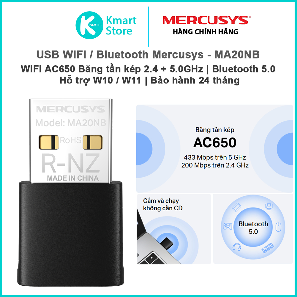 USB WIFI + Bluetooth Mercusys MA20NB | WIFI AC650 2.4 + 5.0 GHz / Bluetooth 5.0 | Bảo hành 2 năm