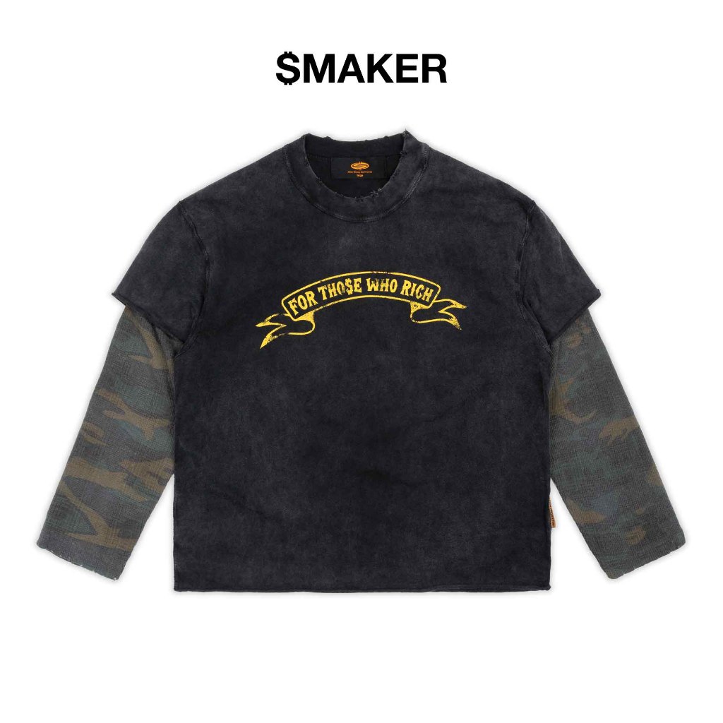 [SMAKER] Áo tay dài màu đen phối phần tay áo - "FOR THOSE WHO RICH" LAYERED LONG SLEEVE WASHED TEE