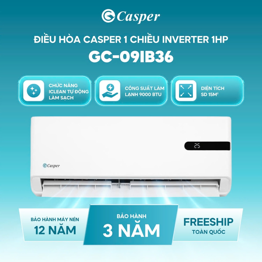 Máy Lạnh Casper Inverter 1 Chiều, GC-09IB36 (1HP-9000BTU)/ GC-12IB36 (1.5HP 12000BTU)  Turbo iFeel i