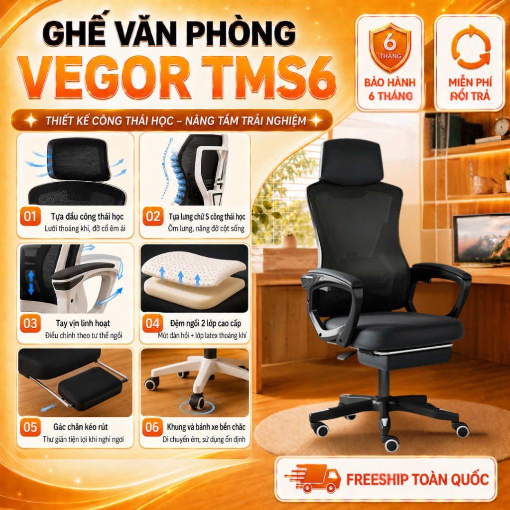 Ghế xoay văn phòng Công thái học bảo vệ cột sống điều chỉnh đa điểm, IN SƠN 3D Thương hiệu VEGOR LIFE / ECO KID