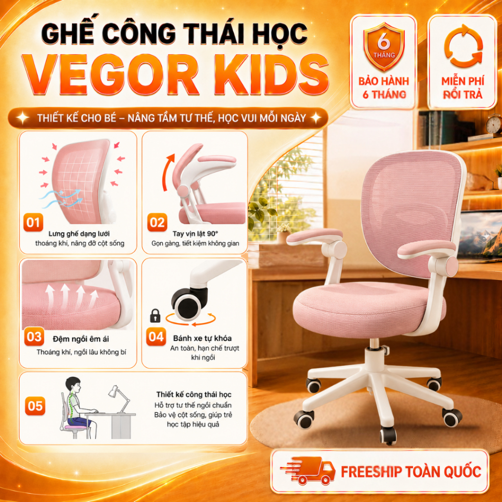 Ghế chống gù học sinh Vegor Life TE-01 thiết kế khoa học tựa lưng điều chỉnh, giúp bé có tư thế ngồi đúng chuẩn chống gù | BigBuy360 - bigbuy360.vn