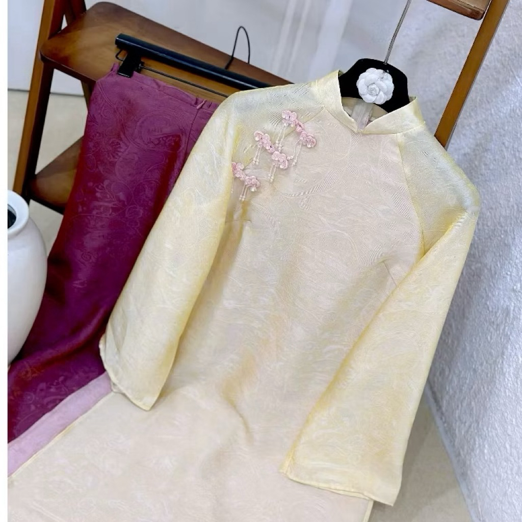 (CÓ FIX) (PASS 19 - SIZE M - NEW) Áo dài gấm lụa thọ, tơ ánh kim 4 tà truyền thống dịu dàng mềm mại 