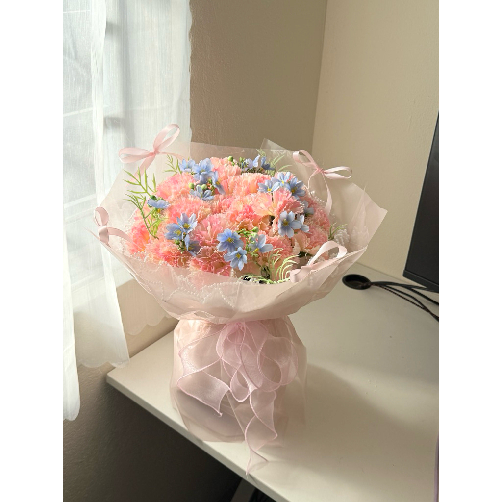 Bó Hoa Phăng Lụa Hồng Pastel – Hoa Phăng Lụa Cao Cấp Phối Hoa Xanh, Quà Tặng Sinh Nhật, 8/3, 20/10