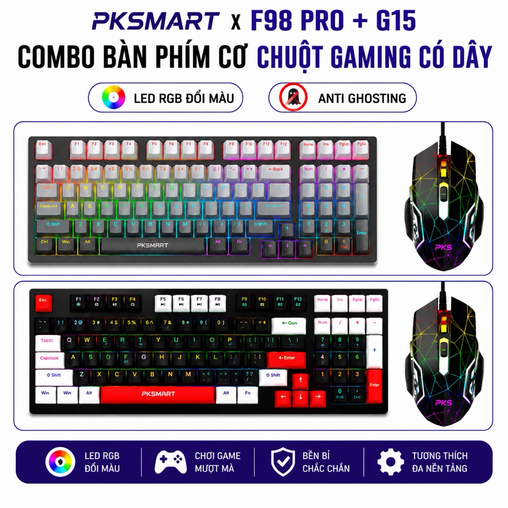 COMBO Bàn Phím Cơ Chuột chơi Game - PKSMART x F98 PRO + G15 - LED RGB Đổi Màu - Anti Ghosting - Blue
