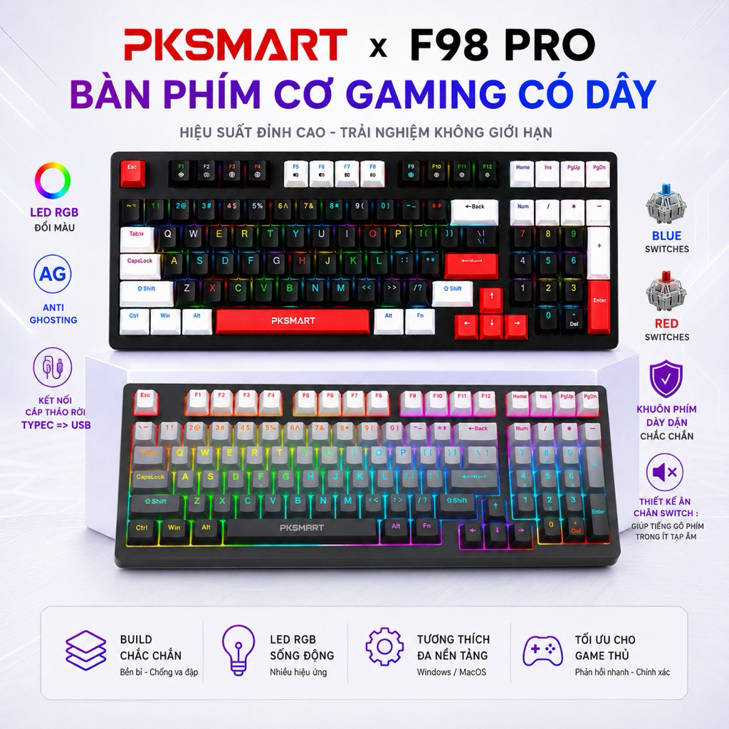 PKSMART x F98 PRO - Bàn Phím Cơ Có Dây - LED RGB Đổi Màu - Anti Ghosting - Blue Red Switch - Cáp Thá