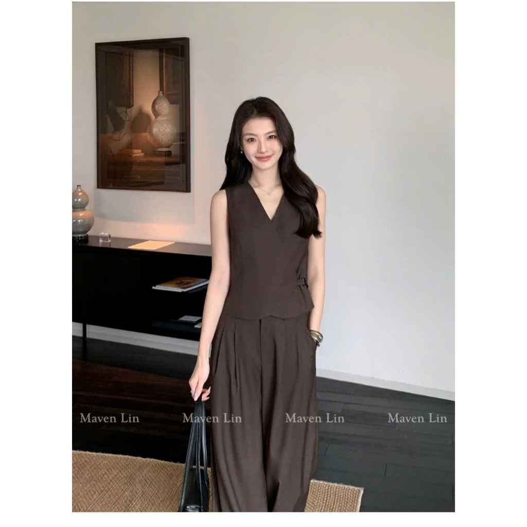 [𝑴𝒂𝒗𝒆𝒏 𝑳𝒊𝒏] HÀNG CHÍNH HÃNG – Maven Lin set áo gile cổ V và quần ống rộng nữ