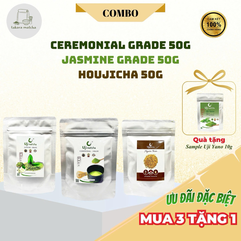 Combo: Matcha Uji Ceremonial Grade 50g, Matcha Jasmine Grade 50g, Houjicha Powder 50g - Quà tặng Sam