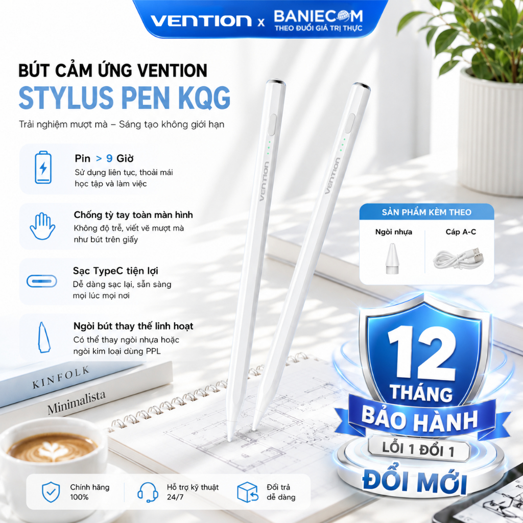 Bút cảm ứng VEN.TION Smooth Writing Cho Pad 2018 - 2025 - Chống tỳ tay - Độ nhạy cao Pin 9h