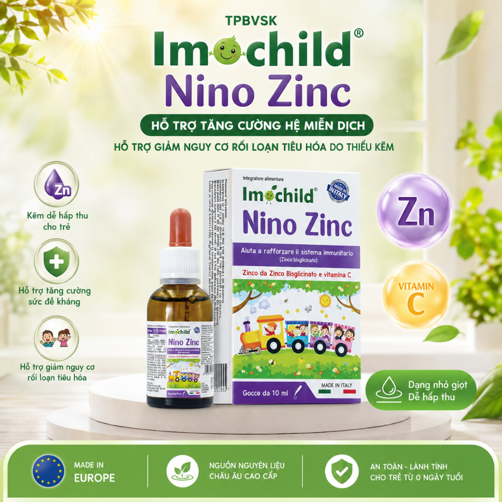Kẽm Cho Bé Imochild Nino Zinc | Kẽm Bisglycinate & Vitamin C | Hỗ Trợ Tăng Cường Sức Đề Kháng