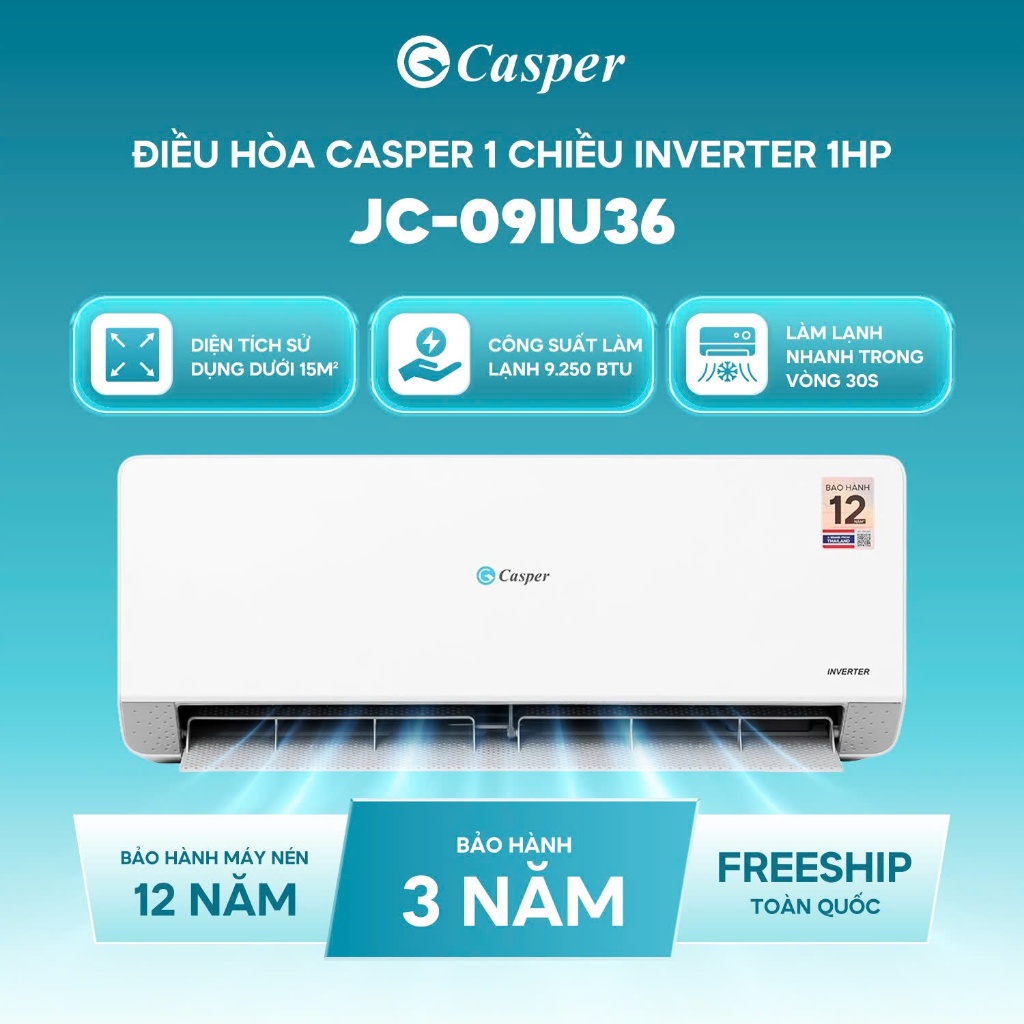 Máy lạnh điều hoà Casper Inverter ProAir 1 chiều JC-09IU36 (1HP), JC-12IU36 (1.5HP), JC-18IU36 (2HP)