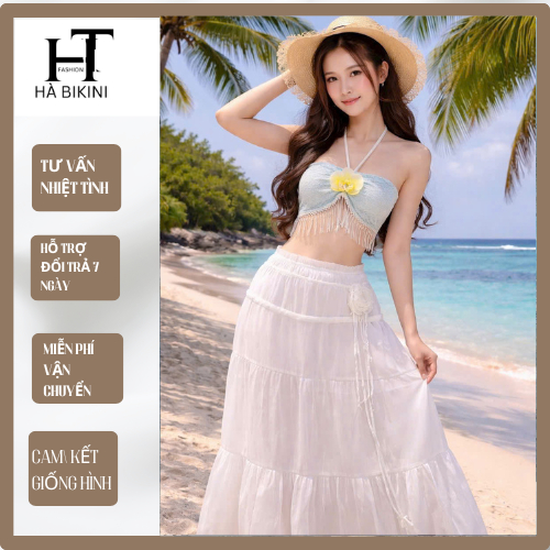 [ SẴN HCM T09 ]Set đồ đi biển BRA TUA RUA PHỐI HOA,chân váy tơ dáng dài xoè,đính hoa kèm dây buộc cột cổ HÀ BIKINI | BigBuy360 - bigbuy360.vn