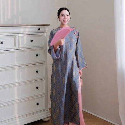 Áo dài thiết kế phom suông tơ óng 2 tà kèm quần DU MIÊN xanh Callene (CC581)