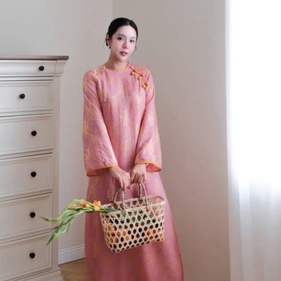 Áo dài thiết kế phom suông tơ óng 2 tà kèm quần DU MIÊN hồng Callene (CC580)