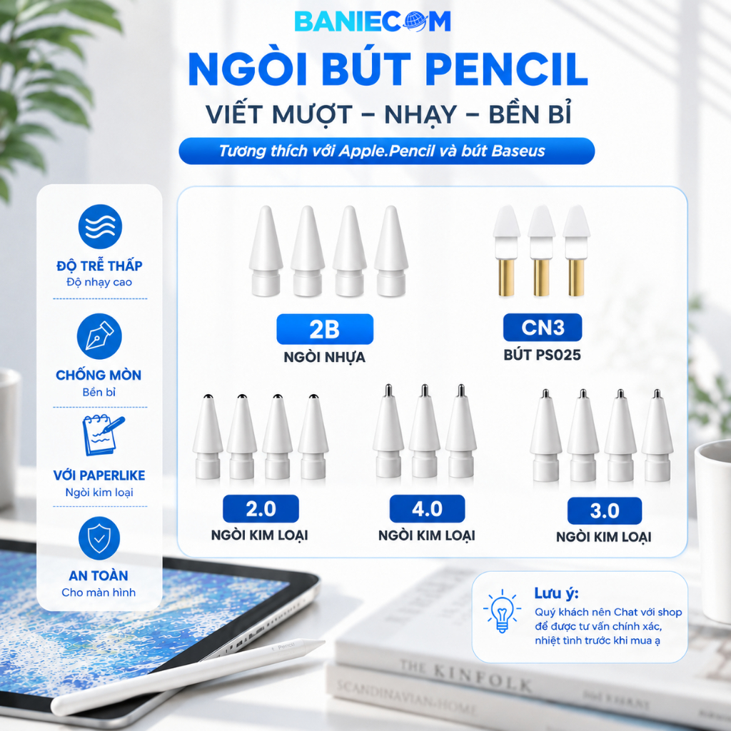 Ngòi bút cảm ứng ipad dùng cho Ap.Pencil 1 & 2 / Baseus Pencil / Ugreen Pencil - BANIECOM
