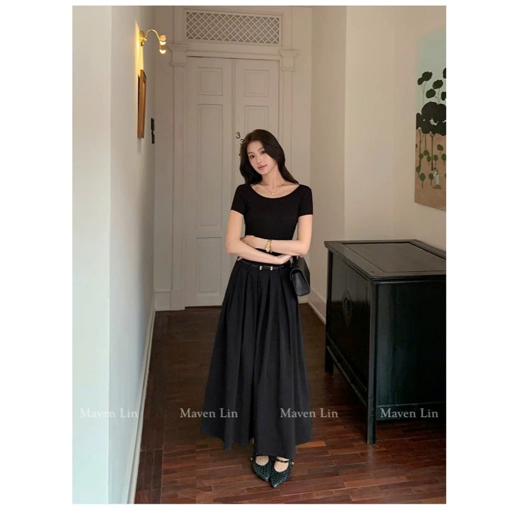 [𝑴𝒂𝒗𝒆𝒏 𝑳𝒊𝒏] HÀNG CHÍNH HÃNG – Maven Lin đầm dài xếp ly chữ A phối ghép tay ngắn nữ kèm thắt lưng