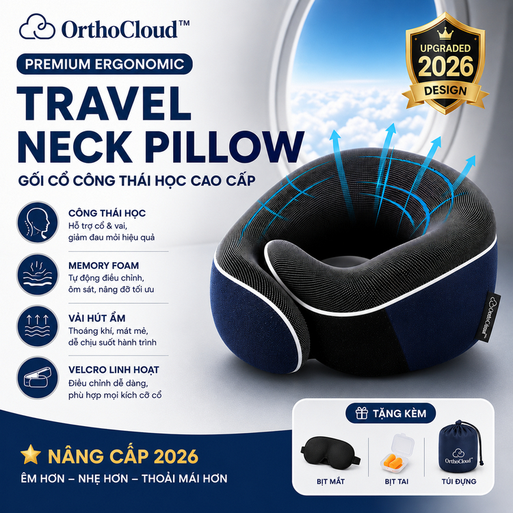 OrthoCloud™ Premium Ergonomic Travel Neck Pillow – Gối cổ công thái học cao cấp ✨