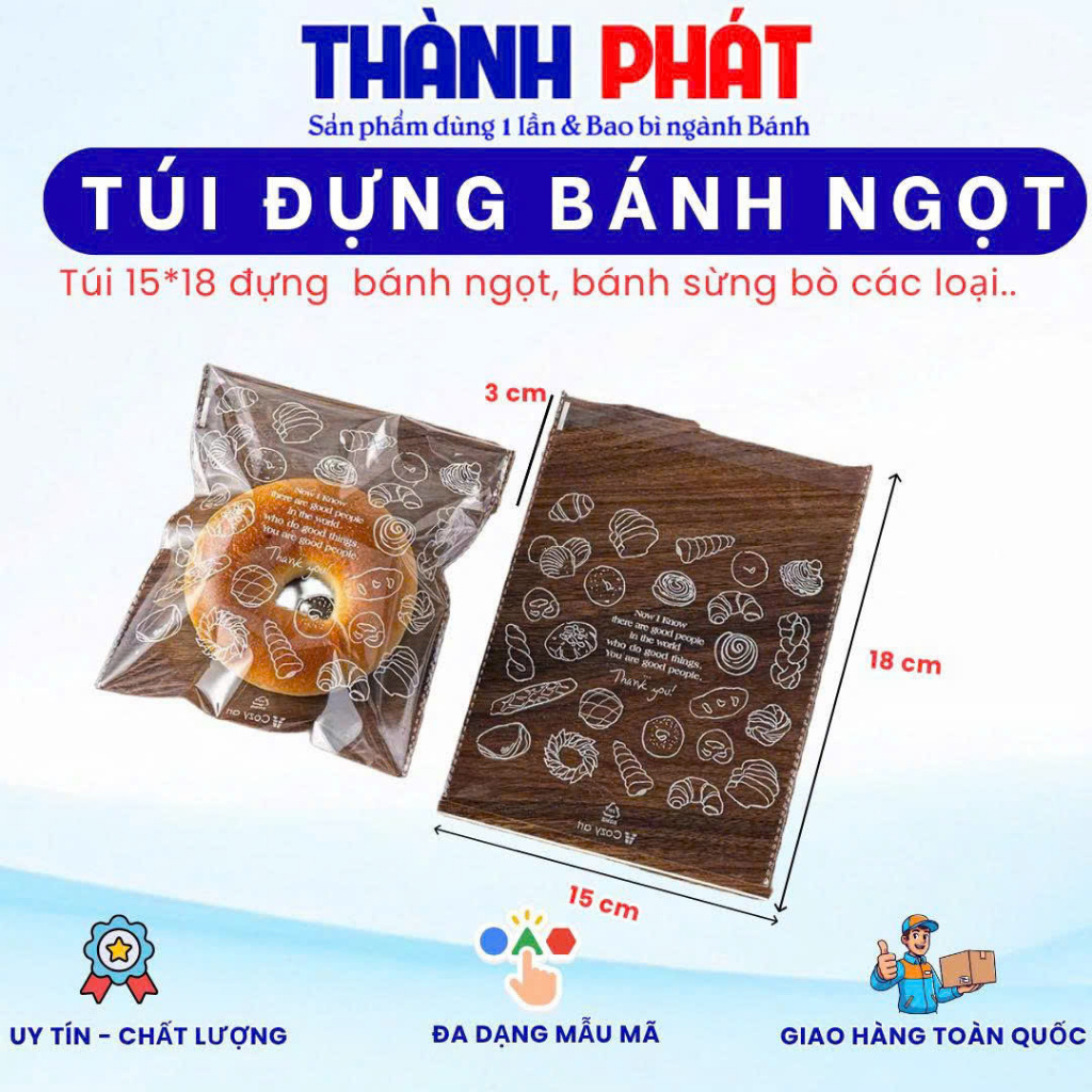100 Túi dán miệng in hình đựng bánh ngọt - Túi sanwhich lát - bánh donut - bánh croissant - hamberge