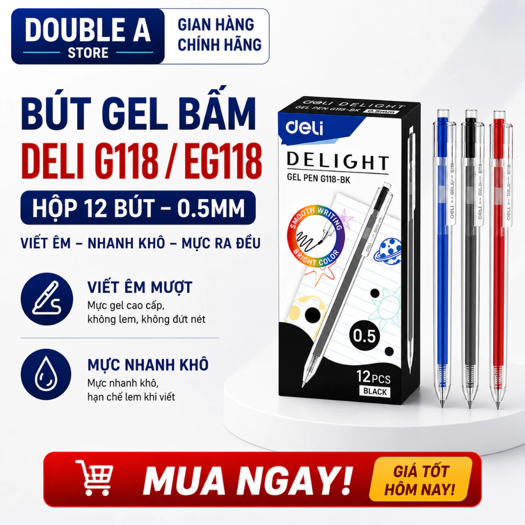 Hộp 12 Bút Gel Bấm Deli G118 / EG118 Chính Hãng – Bút Gel 0.5mm Nhanh Khô, Viết Êm Mượt