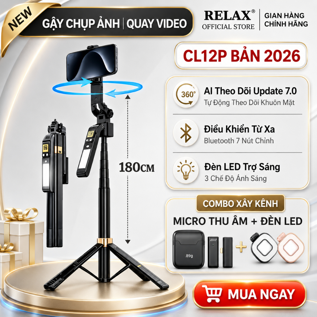 Tripod LaTech CL12P bản 2026 xoay tự động cảm biến theo người, gấp gọn 30cm có điều khiển từ và đèn