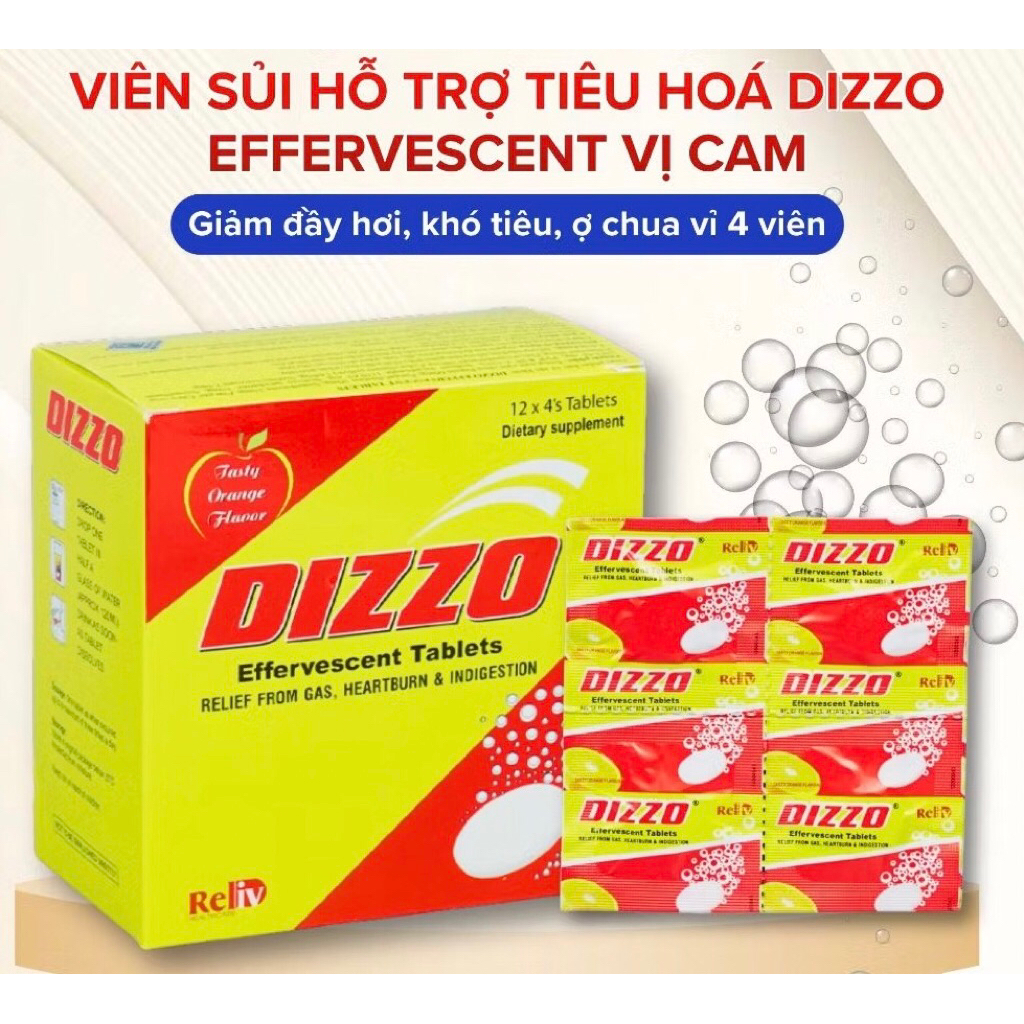 Viên sủi tiêu hóa DIZZO (Vỉ 4 viên) Hỗ trợ giảm các triệu chứng đầy hơi, ợ hơi, ợ chua và khó tiêu
