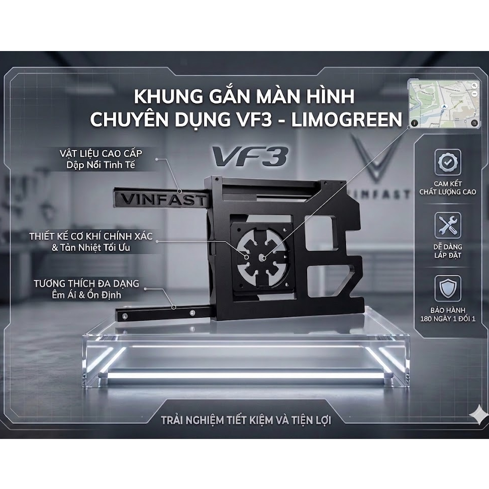 Khung Gắn Màn Hình / Kẹp iPad Cho Xe VF3, Limogreen, MP7 - Bản Gắn Nửa Kẹp Màn Zin Tiết Kiệm