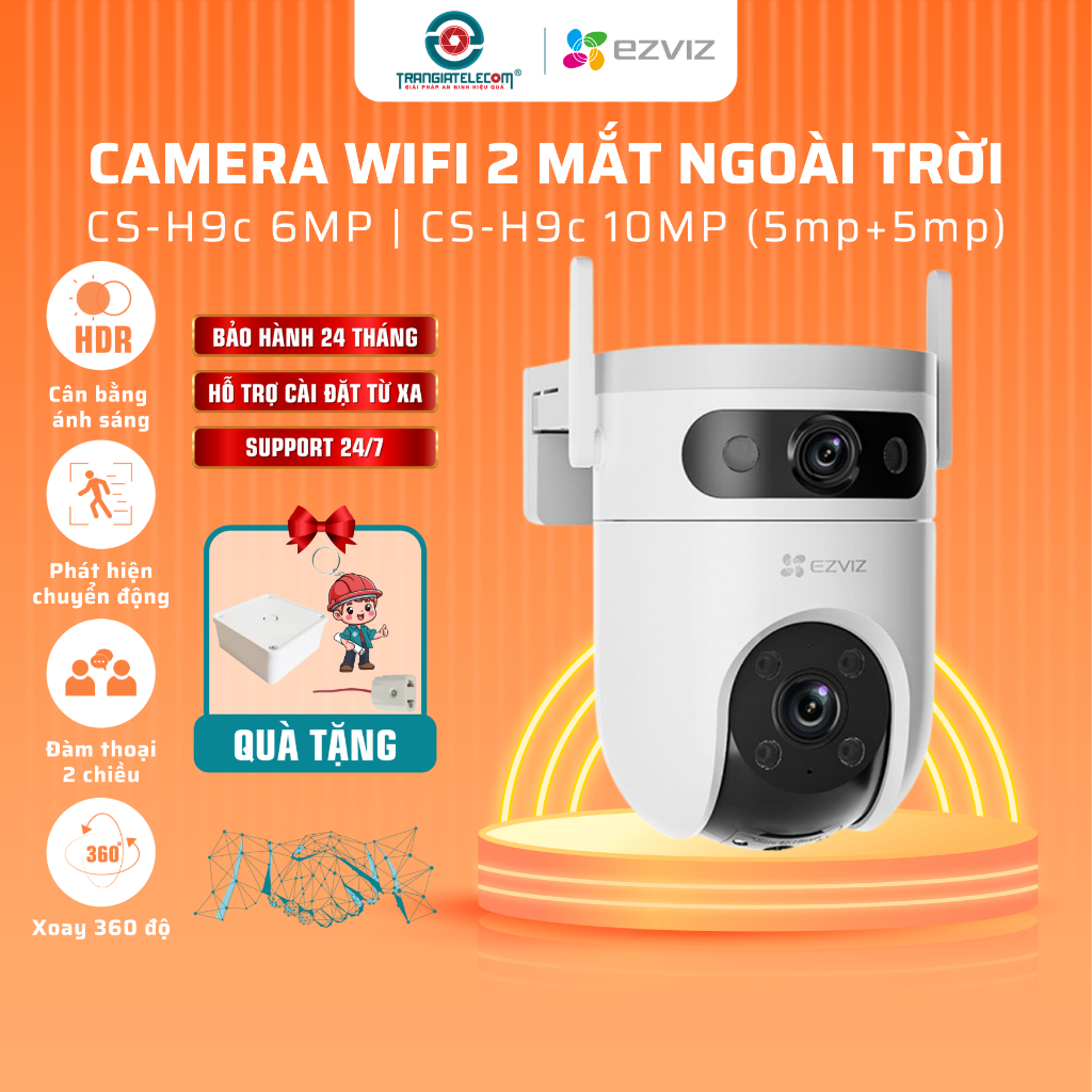 Camera wifi 2 Mắt Ezviz H9C 6mp / 10MP, Màu ban đêm, Xoay 360 độ, Đàm thoại 2 chiều - TRANGIATELECOM
