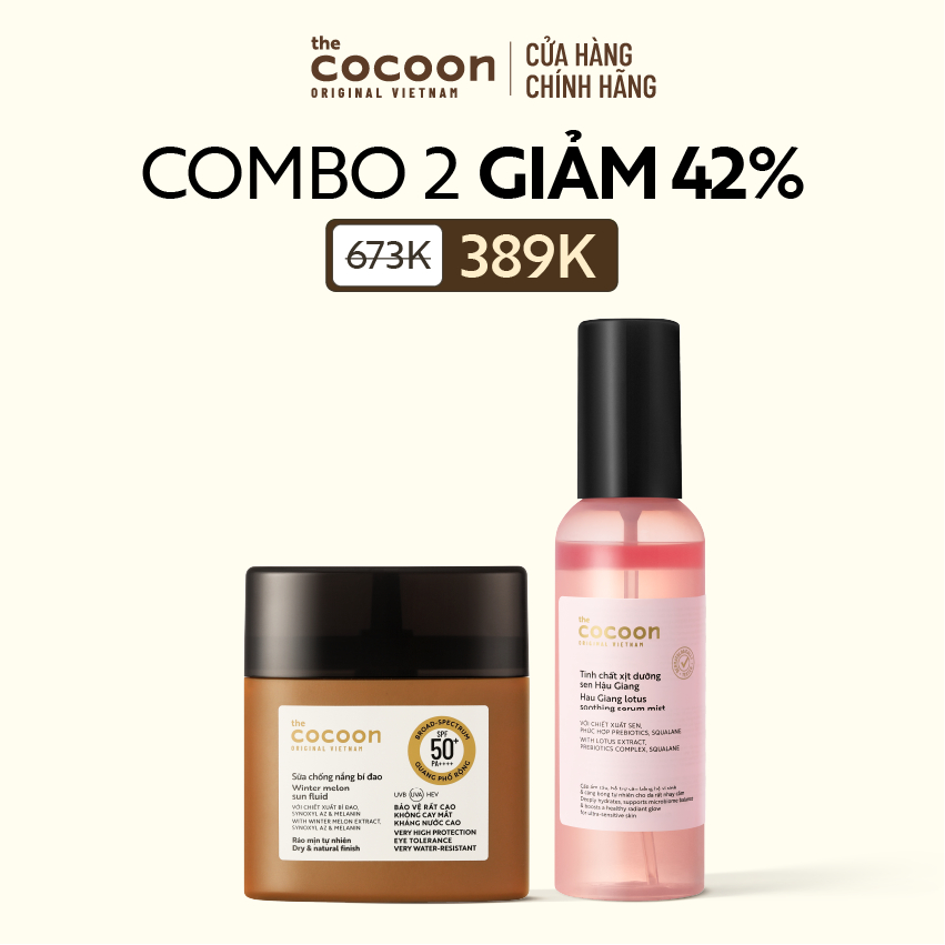 [MUA 2 GIẢM 43%] Combo Sữa chống nắng bí đao 50ml + Tinh chất xịt dưỡng sen Hậu Giang Cocoon 100ml