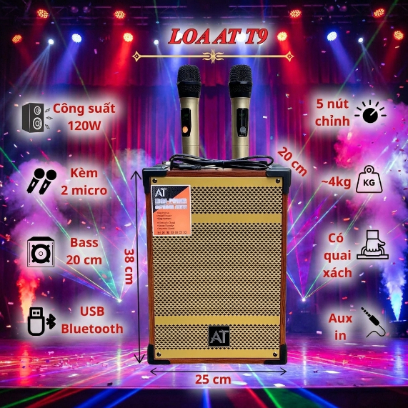 Loa Bluetooth AT T9 Công Suất 120W Bass Siêu Trầm, Âm Thanh Sống Động – Bass Mạnh Mẽ, Tay Cầm Chắc C