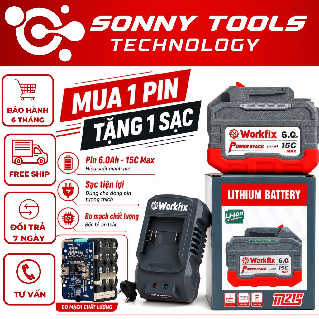 Pin 15 Cell WORKFIX WF-BK6015MAX 6Ah Max CELL EVE – Dòng Xả 15C, Pin Lithium-ion Vỏ ABS Bọc Cao Su, 