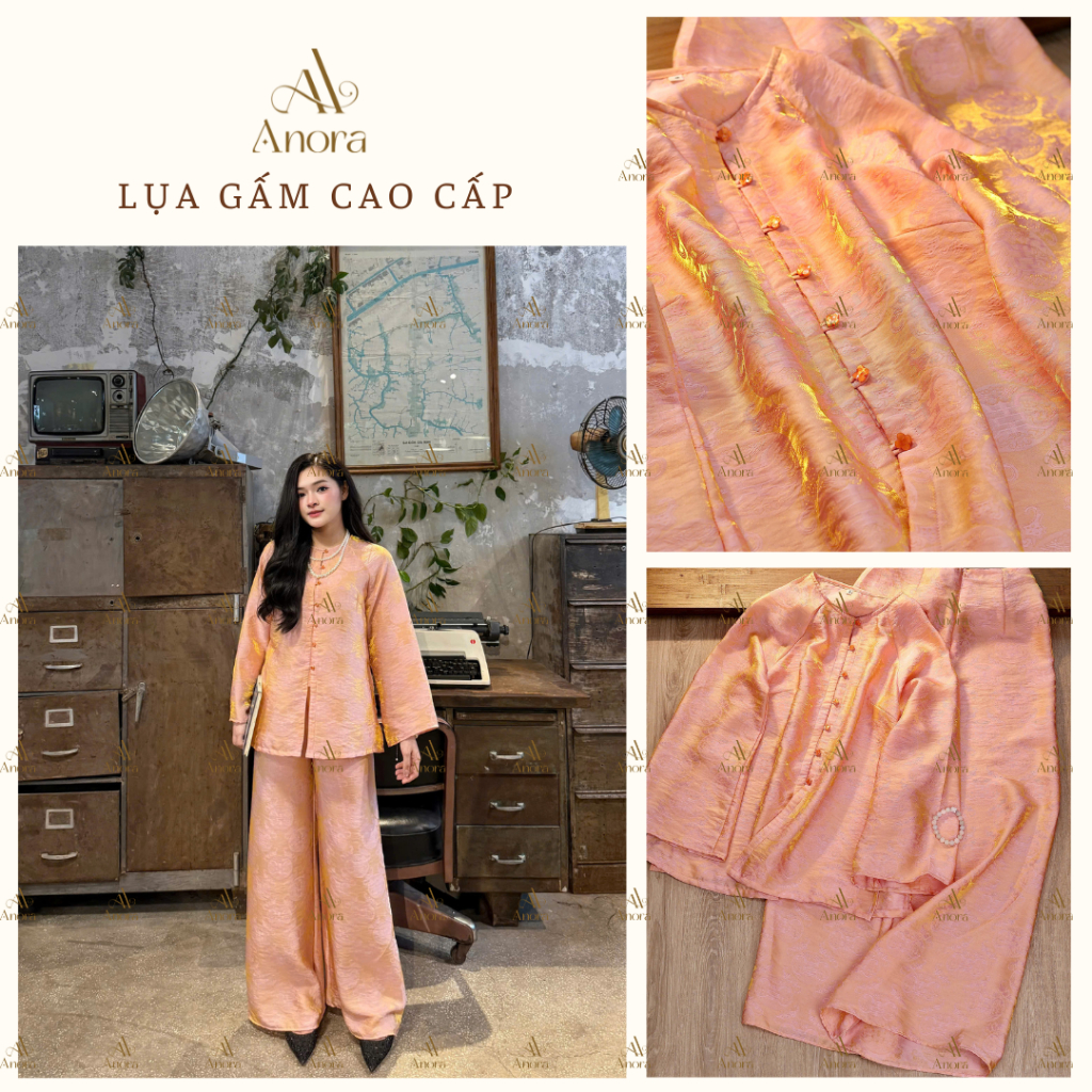 Set đồ pháp phục, đồ lam màu cam đào tơ lụa ánh kim cao cấp, sang chảnh dáng suông rộng đi lễ, đi ch
