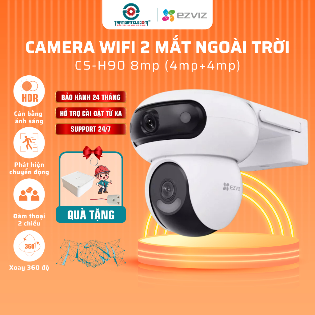 Camera Wifi Ngoài Trời Ezviz H90 8MP 2 Mắt, Màu Ban Đêm, Xoay 360 Độ, Đàm Thoại 2 Chiều - TRANGIATEL