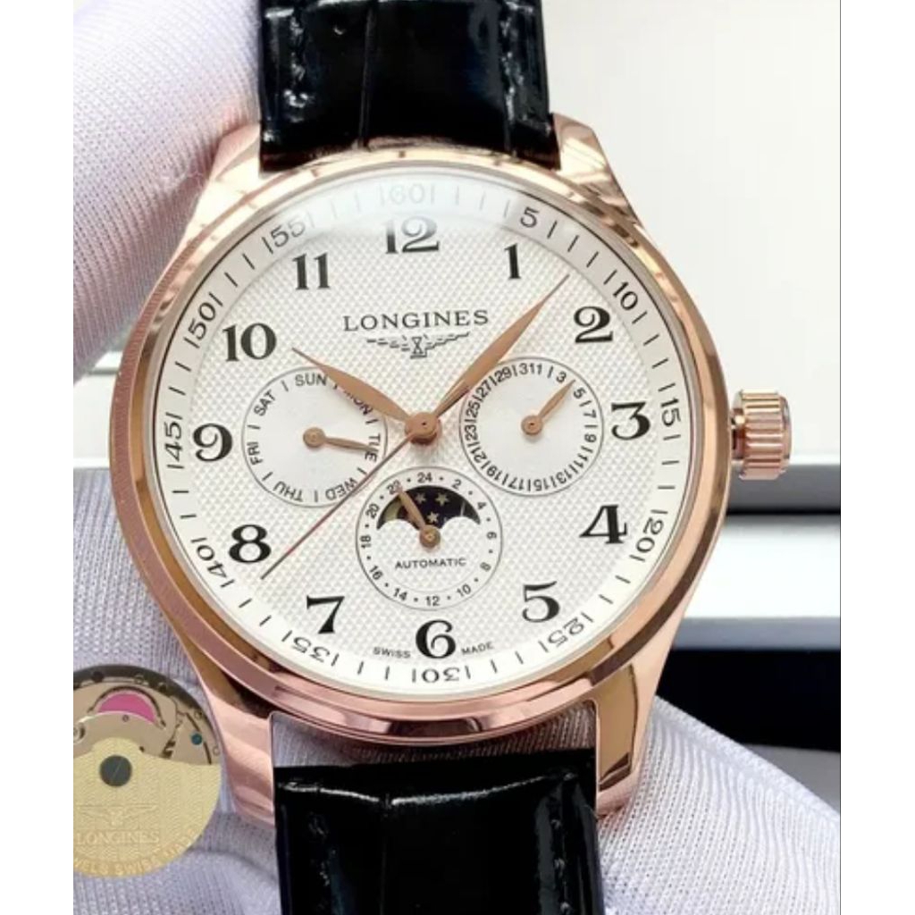 Đồng hồ Nam LG cơ automic 7kim trăng sao size 40mm có lịch date month  dây kim loại đơ mi trắng vàng