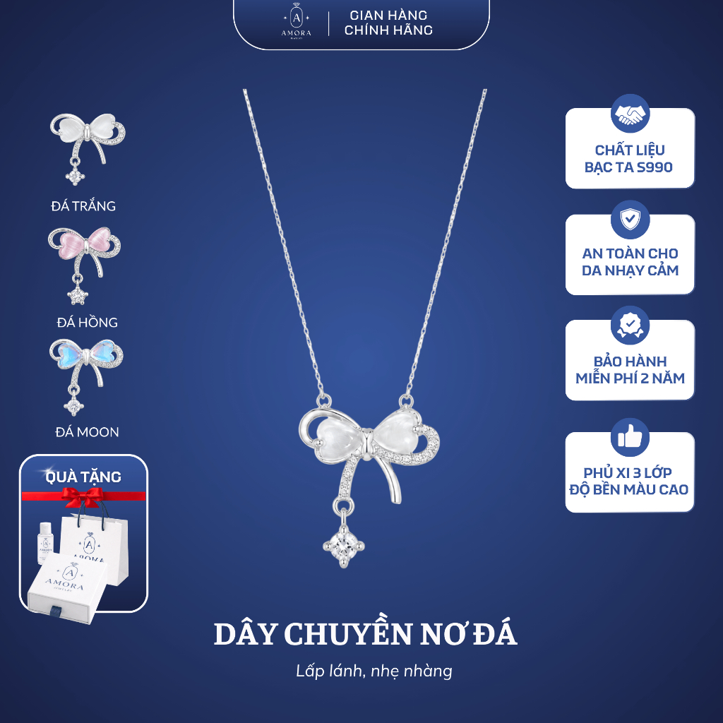 Dây chuyền nơ đá AMORA bạc ta S990 thiết kế dây liền mặt 3 màu đá AMORA JEWELRY DC003