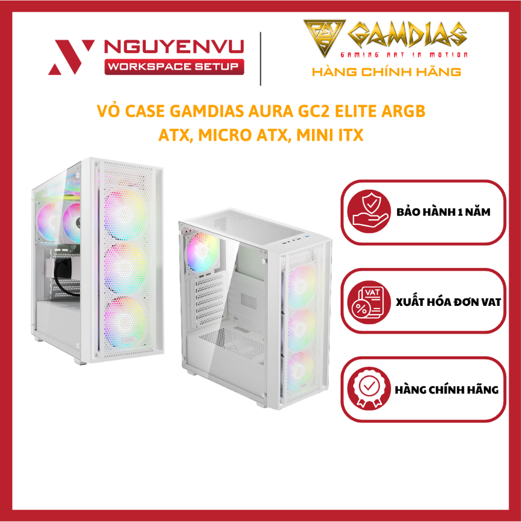 Vỏ Case Gamdias Aura GC2 Elite ARGB Mid Tower (ATX, Micro ATX, Mini ITX) - Hàng Chính Hãng