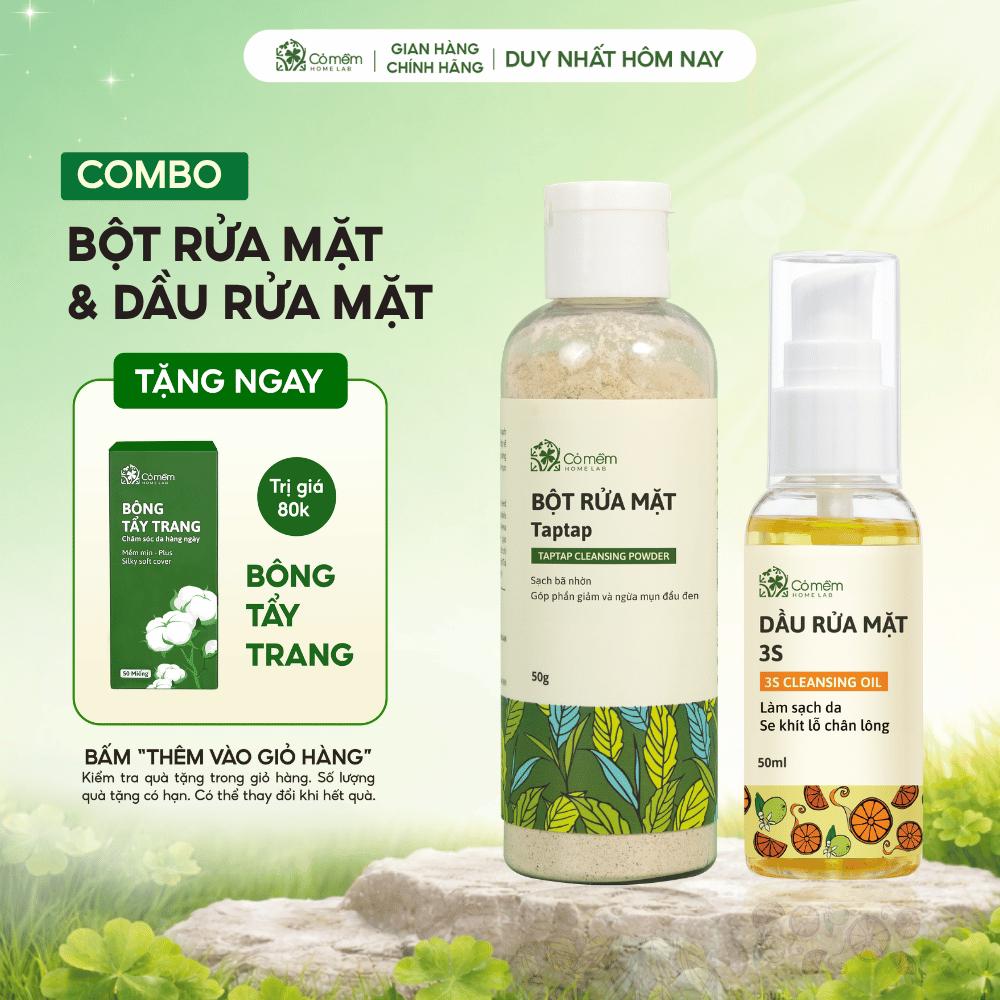Combo Rửa Mặt 2 Bước Sạch Sâu Gồm Bột Rửa Mặt Và Dầu Tẩy Trang 3S Cỏ Mềm