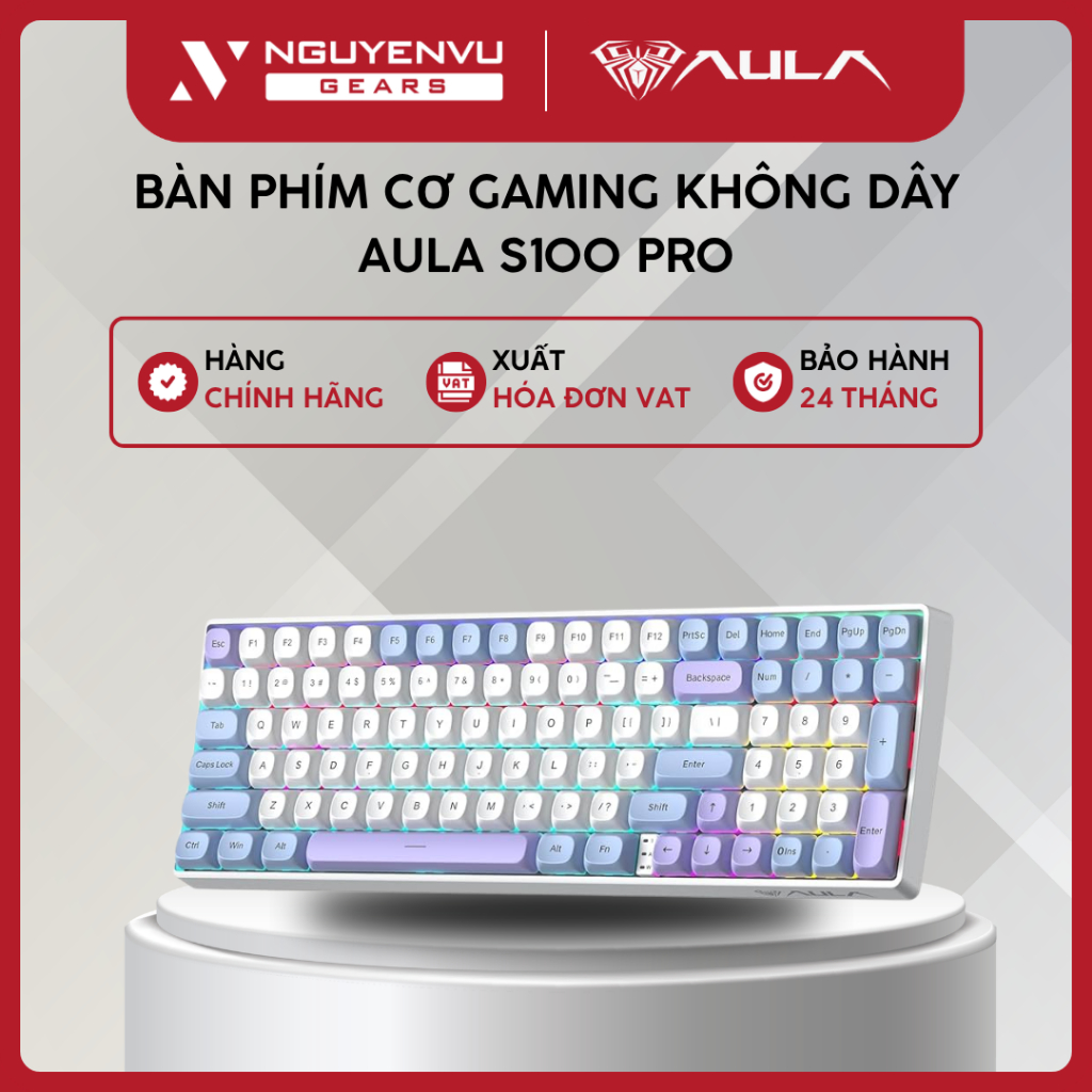 [Full VAT] Bàn phím cơ Gaming không dây AULA S100 PRO (99 phím/Hotswap/4000mAh/LED) - BH 24 THÁNG