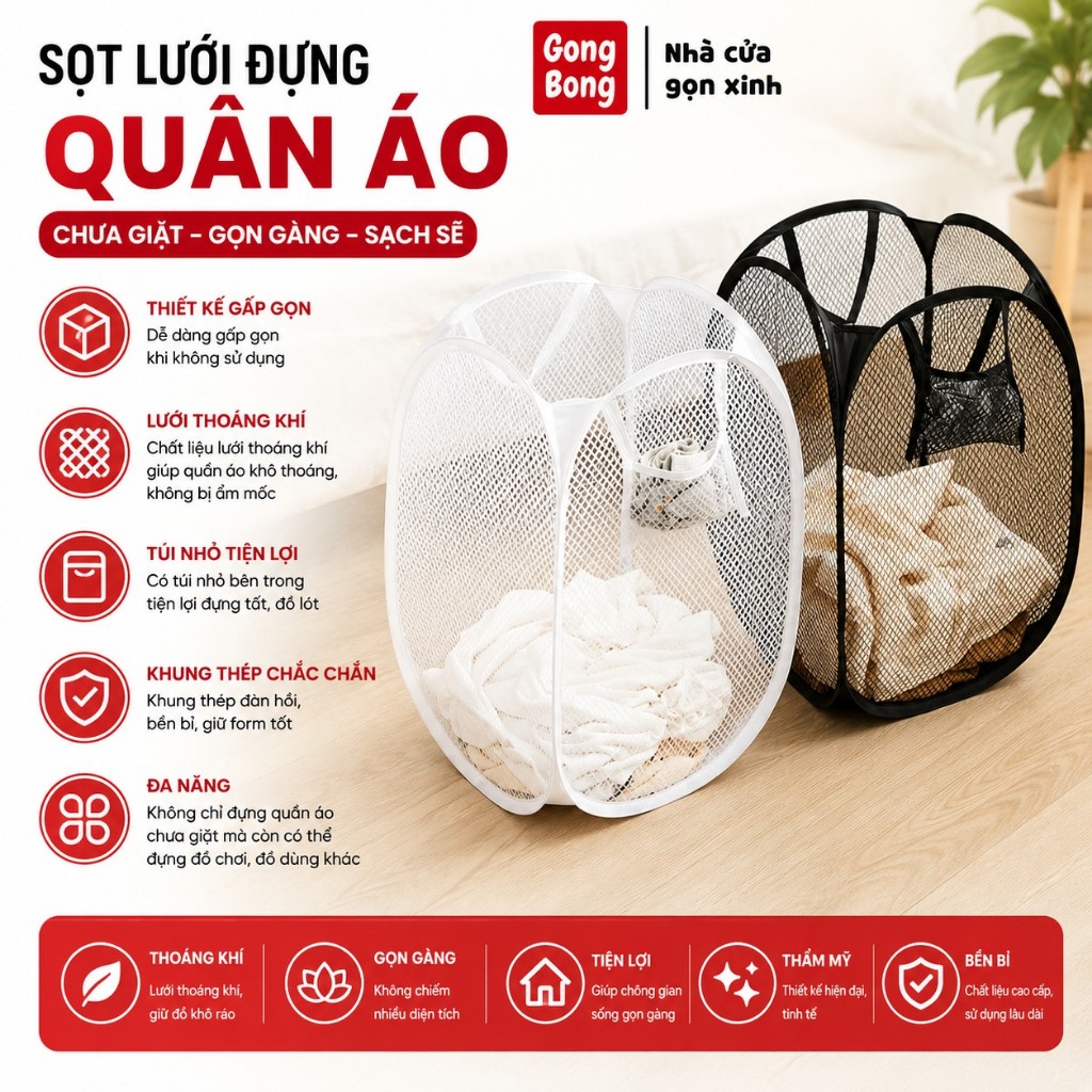 Sọt lưới đựng quần áo bẩn giặt túi giỏ đựng đồ thoáng khí kết hợp khung nhựa