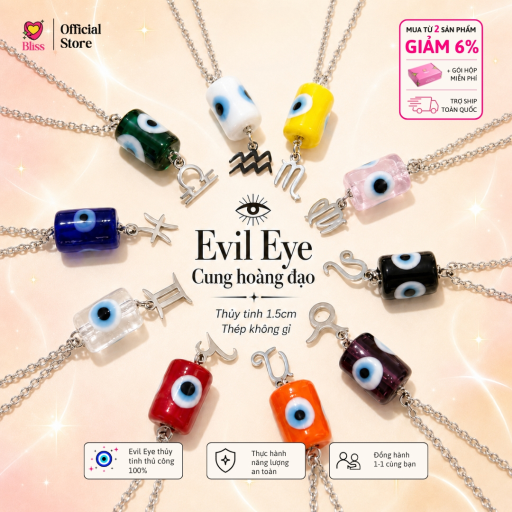 [Độc quyền - BST BẬT AURA] Dây chuyền thép không gỉ Lu thống Evil eye phối charm cung hoàng đạo Blis