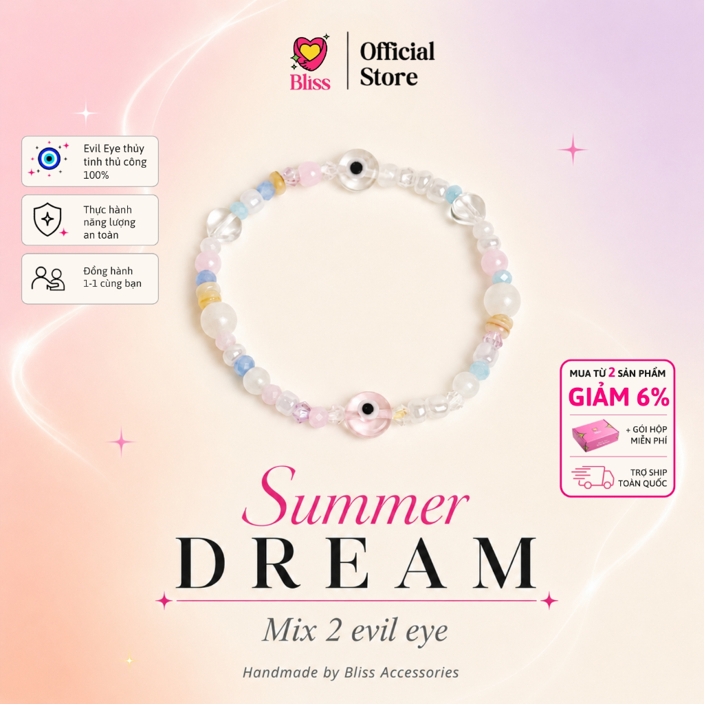 [VÒNG TAY] "Summer Dream" mix 2 màu - Evil Eye thủy tinh x cườm pha lê cao cấp Bliss Accessories - P