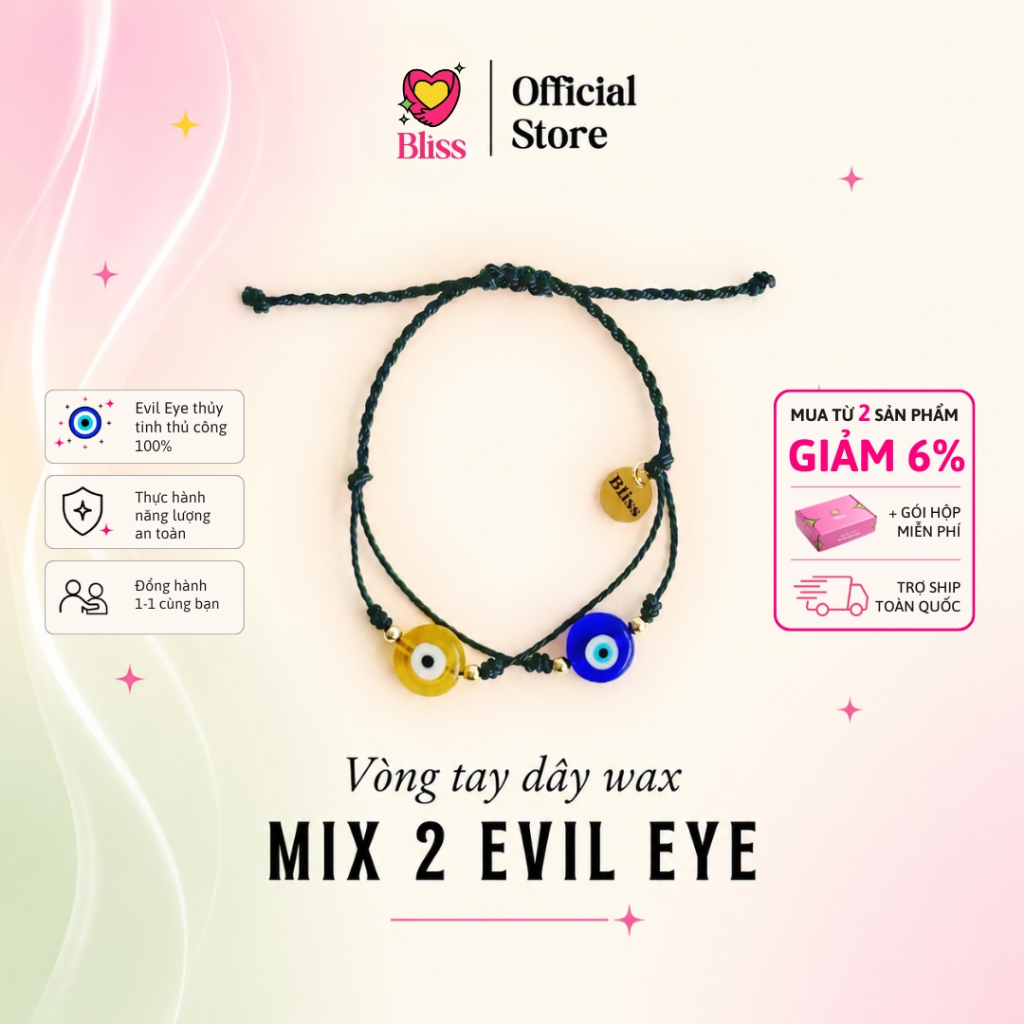 [VÒNG TAY] Evil Eye thủy tinh dây wax mix 2 màu [DÂY ĐEN] Bliss Accessories - Phụ Kiện handmade