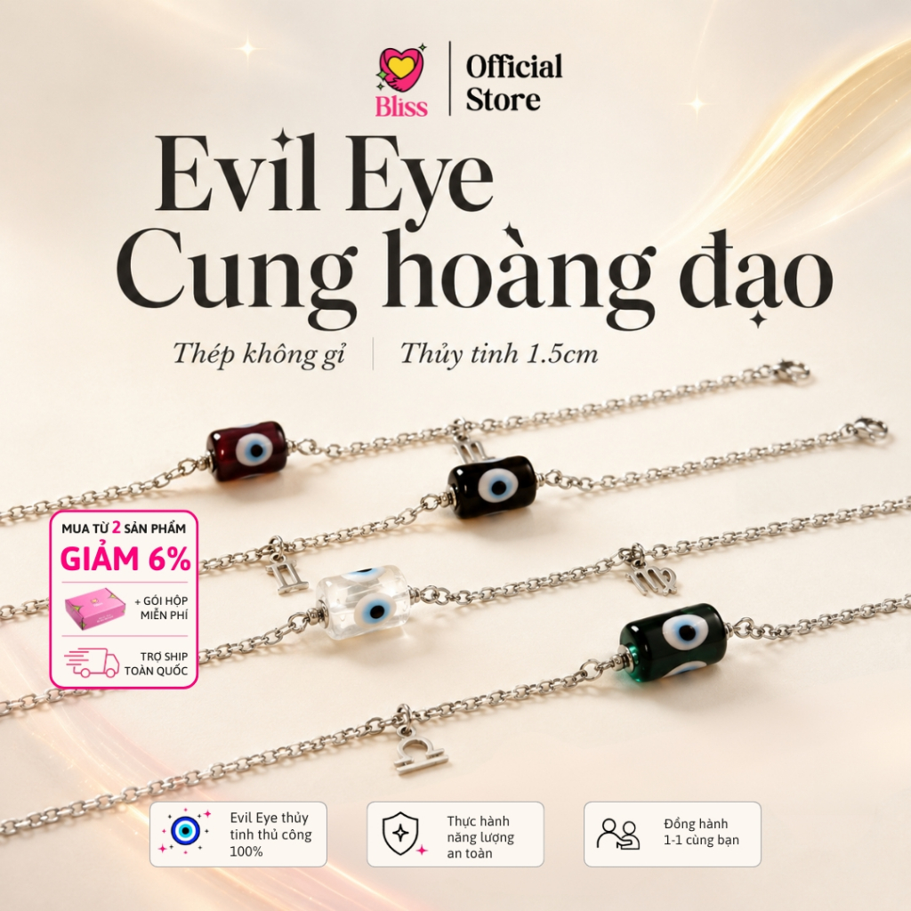 [Độc quyền - BST BẬT AURA] Vòng tay Lu thống Evil eye thép không gỉ phối charm cung hoàng đạo unisex