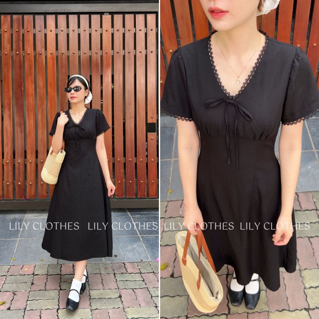 Lily.clothes (Sẵn) Váy đầm nữ cổ V viền bèo dáng ngắn – Emily Dress vải đũi xước mix ren nữ tính khoá kéo sau lưng | BigBuy360 - bigbuy360.vn