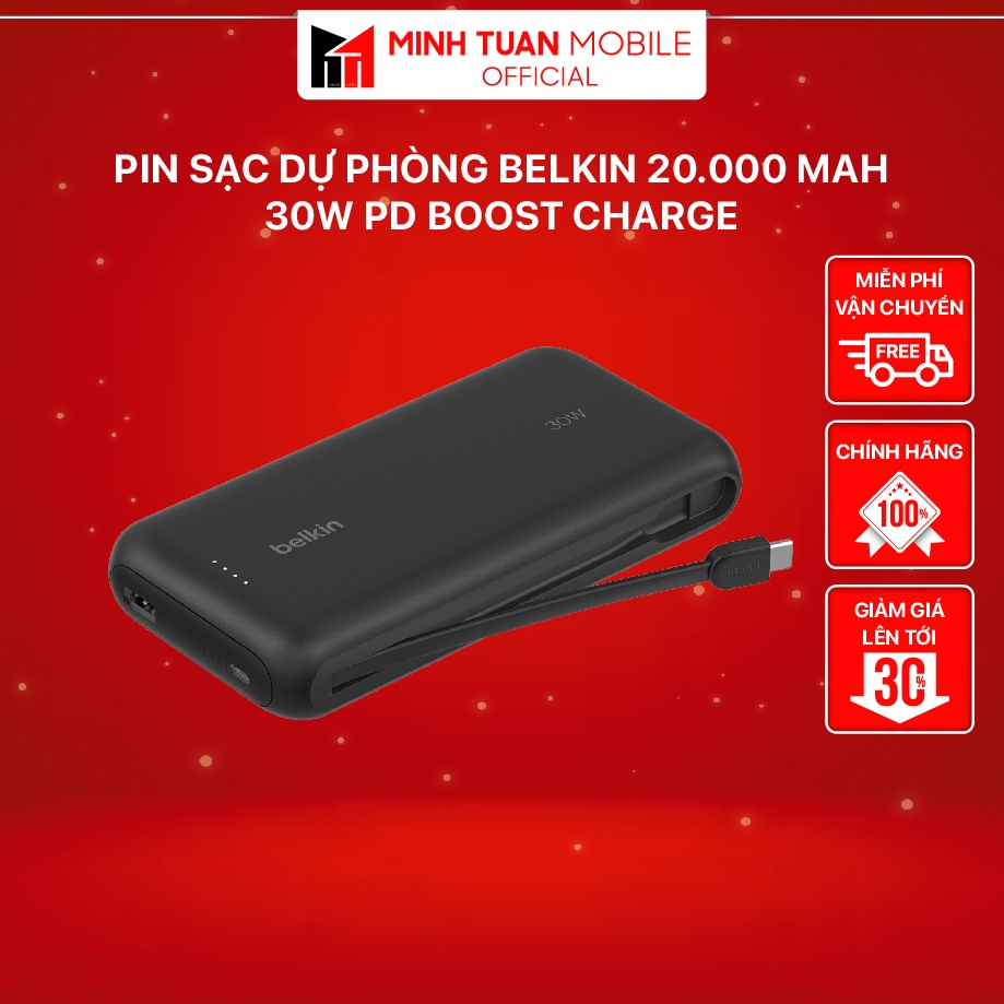 Pin Sạc Dự Phòng Belkin 20.000mAh - 30W - PD Boost Charge - Hàng Chính Hãng